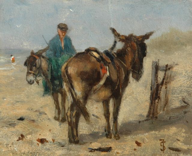 Johan Frederik Cornelis Scherrewitz | Donkies on the beach, oil on panel, 11.0 x 13.4 cm, signed l.r. with monogram