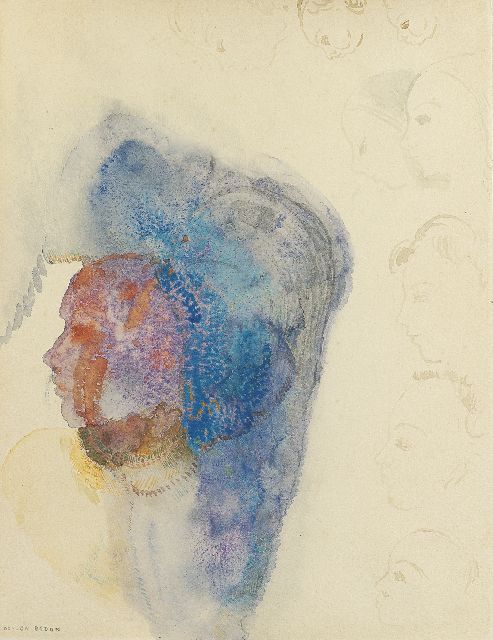 Odilon Redon | Vrouw en profil, pen, brown ink and watercolour on paper, 27.5 x 21.1 cm, gesigneerd l.o. and te dateren ca. 1912