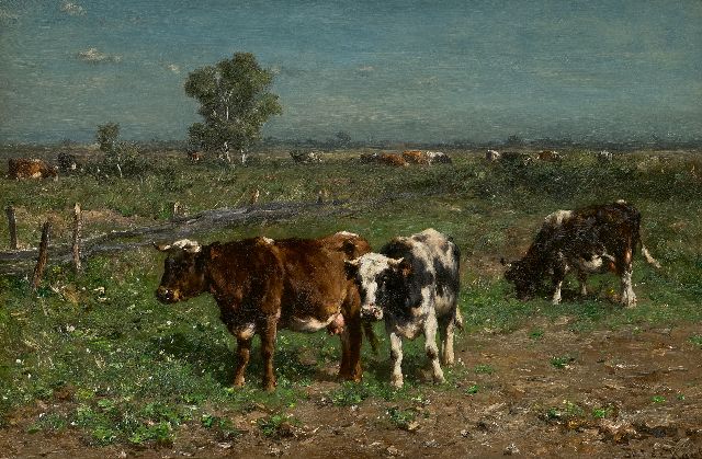 Haas J.H.L. de | Cattle in a meadow, oil on panel 31.3 x 47.2 cm, signed l.r.