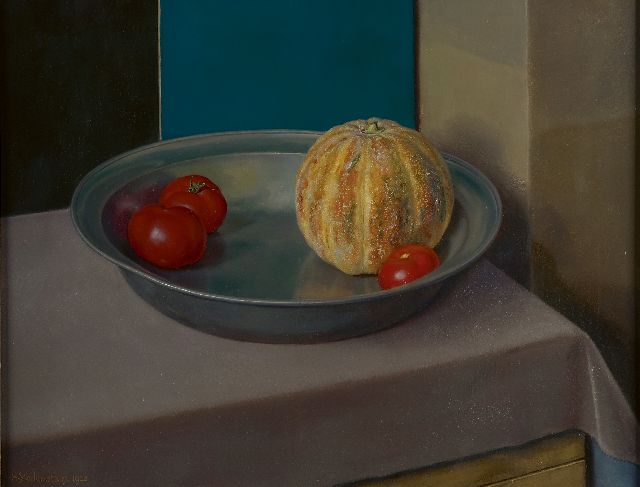 Hendrikus IJkelenstam | Pumpkin and tomatoes on a pewter plate, oil on canvas, 50.8 x 65.7 cm, signed l.l. and dated 1928