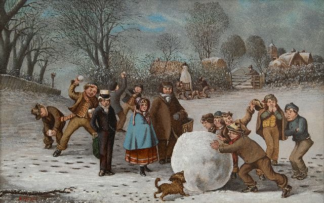 Engelse School, 19e eeuw, naar William Hemsley   | Winter pleasure, oil on board 21.6 x 33.7 cm, signed l.l.