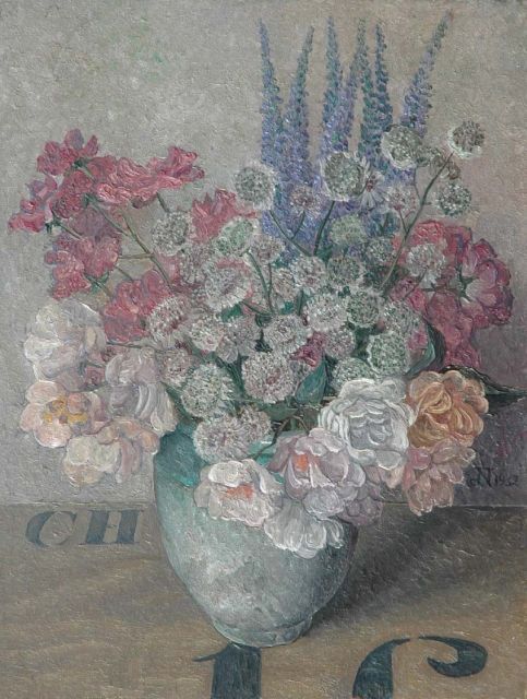 Nieweg J.  | A still life with pink flowers, oil on panel 35.5 x 27.3 cm, signed m.r. with monogram and dated 1932