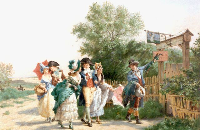 Charles-Alexandre Coëssin de la Fosse | An elegant company by an inn, oil on panel, 33.1 x 47.2 cm, signed l.l.
