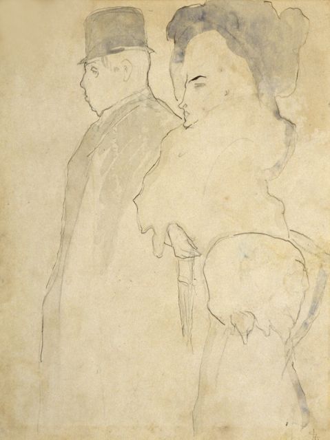 Leo Gestel | Strolling couple, pen and watercolour on paper, 26.5 x 20.0 cm, signed l.r. with monogram