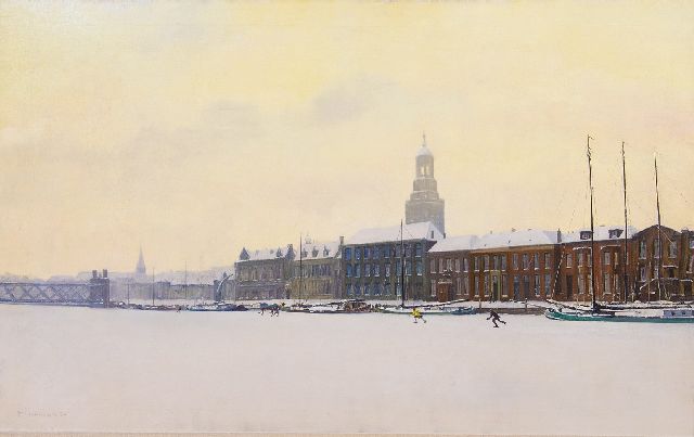 Meuldijk M.  | Skaters on the river IJssel near Kampen, oil on canvas 64.0 x 100.7 cm, signed l.l. and dated '29