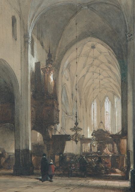 Johannes Bosboom | Worshipping in the Grote Kerk, Hattem, watercolour on paper, 49.5 x 36.0 cm, signed l.r.
