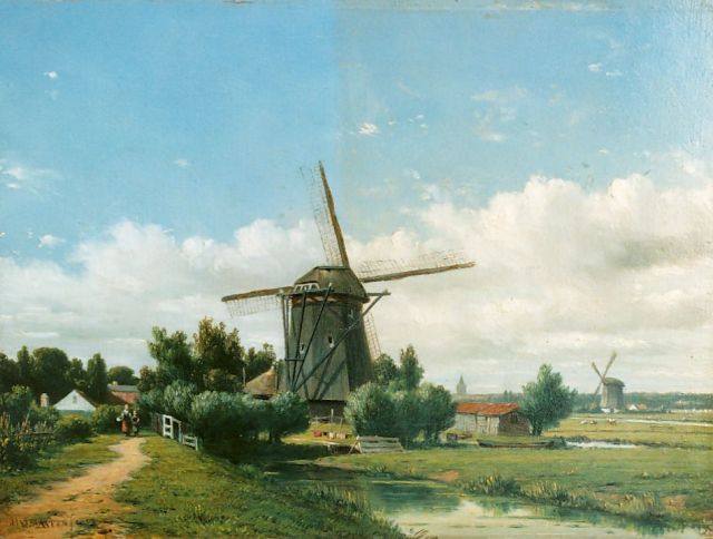 Maaten J.J. van der | A polder landscape with windmill, oil on panel 21.0 x 28.5 cm, signed l.l. and dated 1852
