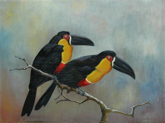 Pieneman J.H.  | Two toucans, oil on panel 30.1 x 40.1 cm, signed l.r.