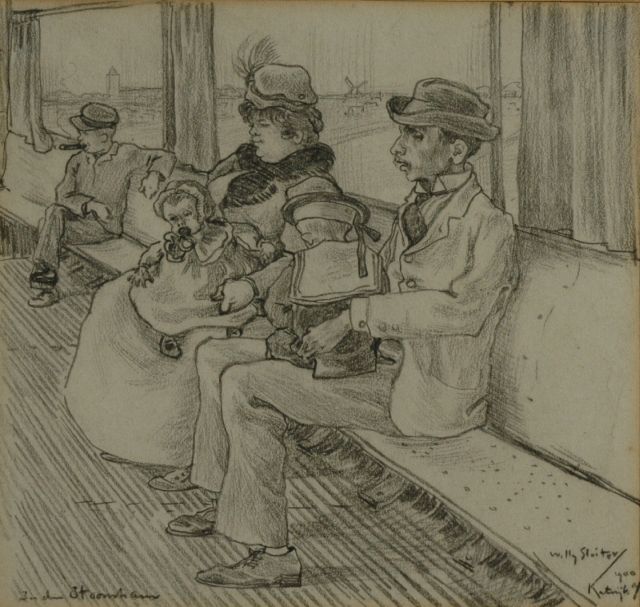 Willy Sluiter | In the streetcar, black chalk on paper, 18.0 x 19.0 cm, signed l.r. and dated '1900 Katwijk a/z'