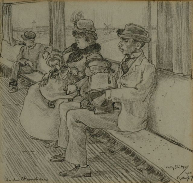 Sluiter J.W.  | In the streetcar, black chalk on paper 18.0 x 19.0 cm, signed l.r. and dated '1900 Katwijk a/z'