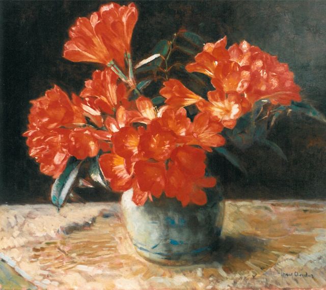 Oerder F.D.  | Stilleven met azalea's in stenen vaas, oil on canvas 60.0 x 65.5 cm, gesigneerd r.o.