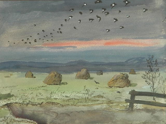 Kamerlingh Onnes H.H.  | A flock of birds over hayhocks, watercolour on paper 24.0 x 31.5 cm, signed l.r. with monogram and dated '57