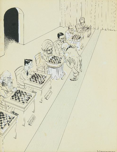 Piet van der Hem | John Bull playing simultaneous chess, pen and brush, ink and gouache on paper, 45.0 x 35.5 cm, signed l.r.