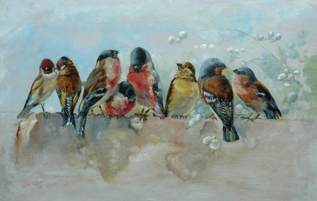 Stortenbeker C.S.  | Birds on a wall, oil on panel 31.5 x 48.1 cm, signed l.l. with initials