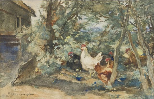 Akkeringa J.E.H.  | Chickens on a farmyard, watercolour on paper 18.7 x 29.3 cm, signed l.l.