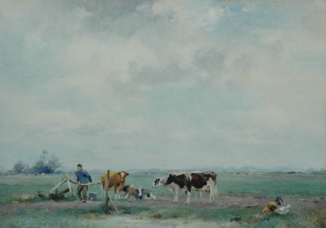 Adriaan Groenewegen | Cattle in a pasture: milking time, watercolour on paper, 30.5 x 22.0 cm, signed l.l.