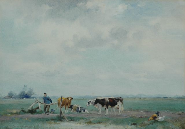 Groenewegen A.J.  | Cattle in a pasture: milking time, watercolour on paper 30.5 x 22.0 cm, signed l.l.