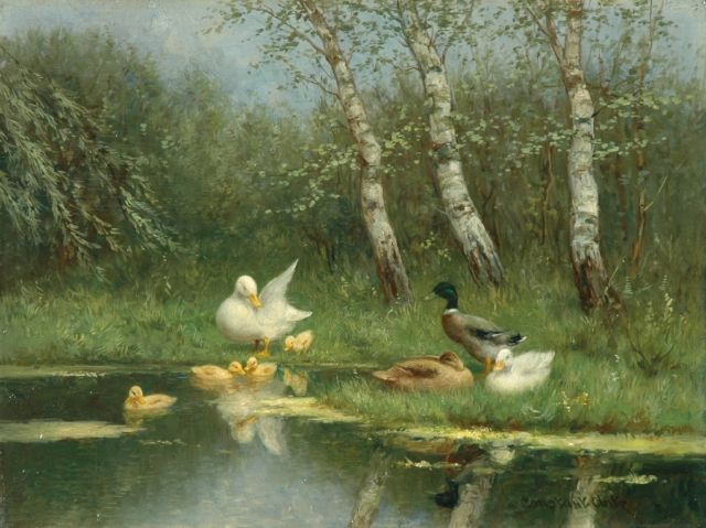 Constant Artz | Family of ducks by a pond, oil on panel, 30.1 x 40.0 cm, signed l.r.