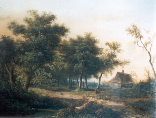 Jansen J.M.  | A wooded landscape with farmers on a path, oil on canvas 37.5 x 48.2 cm, signed l.l.