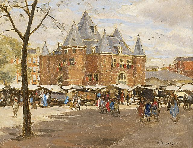 Bobeldijk F.  | A view of the Waag, Amsterdam, oil on panel 16.9 x 22.0 cm, signed l.r. and on a label on the reverse