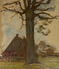 Mondriaan P.C. - Farm with tree, oil on board laid down on panel 75.5 x 64 cm, te dateren ca. 1906-1907