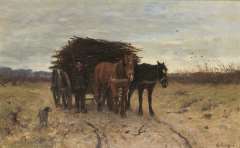 Mauve A. - Wood gatherer with horse-drawn cart, oil on canvas 33.8 x 54.1 cm, gesigneerd r.o.