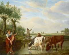 Kuytenbrouwer M.A. - A ferryman and cowherd in a Dutch river landscape, oil on panel 38.8 x 47.3 cm, signed l.r.