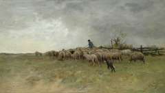 Mauve A. - Landscape with shepherd and a flock of sheep, oil on panel 38.6 x 66.5 cm, signed l.r.