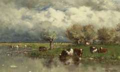 Roelofs W. - Cows in a water landscape, oil on canvas 24.2 x 38.9 cm, signed l.r.