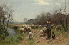 Weele H.J. van der - Shepherd with his sheep, oil on canvas 58.1 x 86.5 cm, signed l.l.