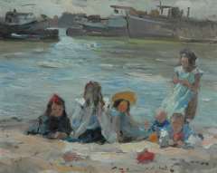 Voorden A. - Playing children alongside the canal, oil on panel 27.2 x 34.2 cm, signed l.l.