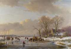 Schelfhout A. - Skaters on a frozen river, oil on canvas 65.3 x 93.1 cm, signed l.l. and executed ca. 1850-1860