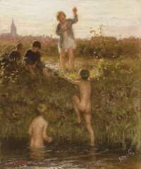 Blommers B.J. - The little bathers, oil on canvas 48.2 x 40.4 cm, signed l.r. and painted ca. 1895-1907