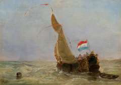 Beest A. van - A Dutch ‘boeier’ on a choppy sea, oil on panel 14.8 x 20.7 cm, signed l.l.