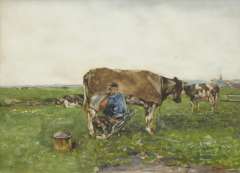Zwart W.H.P.J. de - Milktime, watercolour and gouache on paper 52.5 x 71.2 cm, signed l.r.