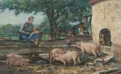 Akkeringa J.E.H. - Dries watching the pigs, watercolour on paper 27.7 x 45 cm, signed l.l.