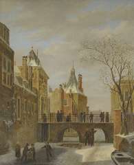 Hove B.J. van - Skaters by the ‘Grenadierspoort’, The Hague, oil on panel 47.4 x 38.1 cm, signed l.r. and dated 1823