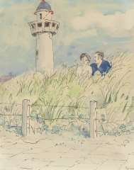 Kamerlingh Onnes H.H. - A young couple in the dunes, Egmond aan Zee,, pen, ink and watercolour on paper 25.7 x 21 cm, signed l.r. and dated ´74