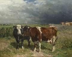 Haas J.H.L. de - Cattle in a pasture, oil on panel 79.8 x 100 cm, signed l.r.