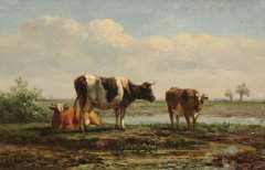 Berg S. van den - Cattle in a polder landscape, oil on panel 17.6 x 26 cm, signed l.l.