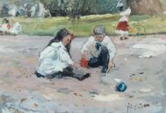 Voorden A.W. van - Children playing in a parc, oil on board 22.5 x 32.5 cm, signed l.r. with initials
