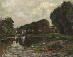 Mondriaan P.C. - Farnstead with long row of trees on the Gein, oil on canvas 35.8 x 45.3 cm, painted in 1905-1907