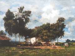Zwart W.H.P.J. de - Cows near a farm in a sunny landscape, oil on canvas 50.1 x 65.2 cm, signed l.r.