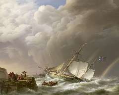 Koekkoek J.H. - Sailing ship off a jetty in stormy weather, oil on canvas 113 x 142 cm, signed l.l. and dated 1827