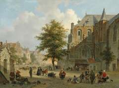 Hove B.J. van - Busy market place in a small Dutch town, oil on panel 42.2 x 56.7 cm, signed l.r. and dated 1852