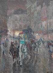 Niekerk M.J. - An omnibus driving through the city night, oil on canvas 115.5 x 85.3 cm, signed l.r. and dated 1919