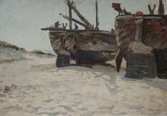 Bartsch W. - Fishing boats on the beach, oil on canvas laid down on cardboard 34.3 x 49.1 cm, signed l.r.