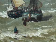 Mesdag H.W. - Two bomschuiten in the surf, oil on canvas 29.2 x 38.5 cm, signed l.r. with initials