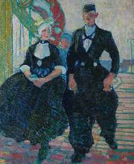 Sluiter J.W. - Dutch couple of Volendam, oil on canvas 75.8 x 62.5 cm