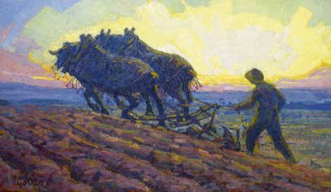 Gouwe A.H. - Ploughing horses at dawn, oil on canvas 48.8 x 82 cm, signed l.l. and executed ca. 1916-1918